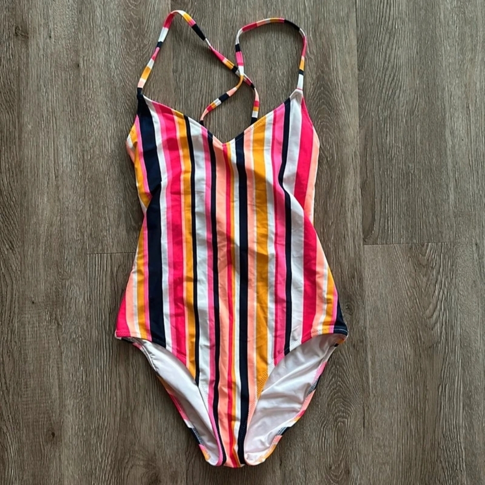 Aerie Striped One Piece Swimsuit - Pink, Orange, Black, White